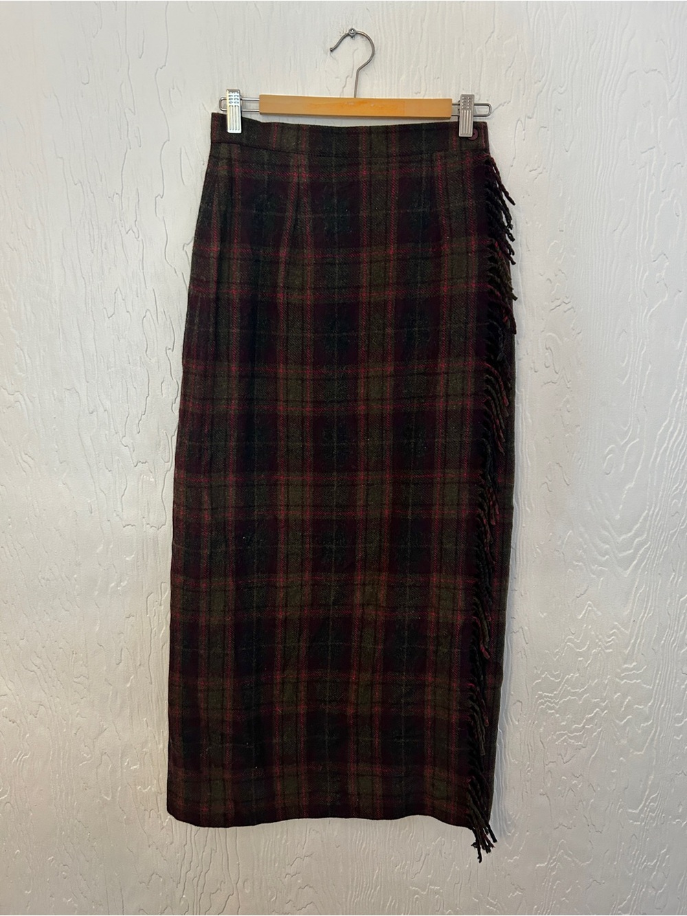 Vintage Wool Plaid Maxi Skirt Size 6 Fringe Fall Autumn Dark Academia Classic